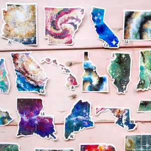 Pacote de adesivos de 50 estados, adesivos de mapa dos Estados Unidos, conjunto de adesivos de viagem dos EUA, pacote de adesivos de galáxia, diário de arte de viagem