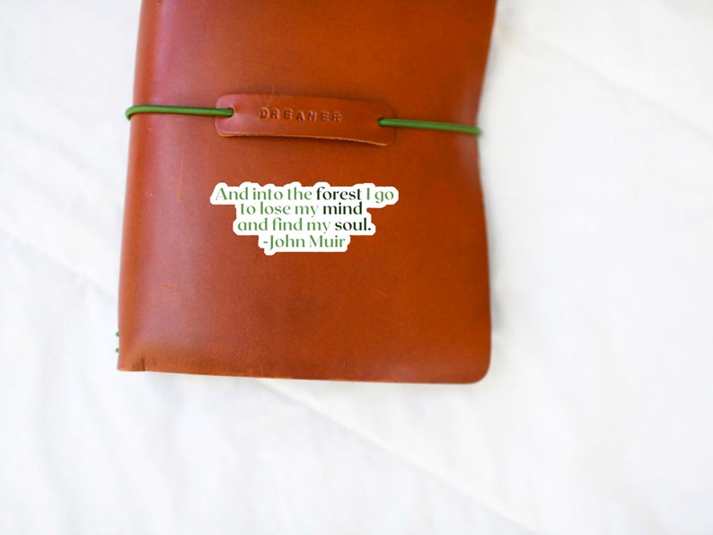 May include: A brown leather journal with a green elastic band and a sticker that reads "And into the forest I go to lose my mind and find my soul. -John Muir"