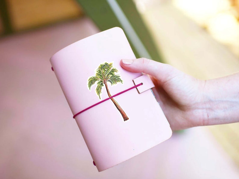 Puede incluir: Un diario de cuero rosa con una pegatina de palmera y un cierre de banda el&aacute;stica rosa.