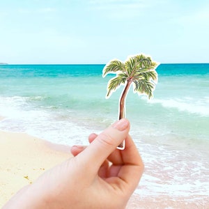 Puede incluir: Una mano sostiene un recorte de papel de una palmera verde sobre un fondo de oc&eacute;ano azul y playa de arena.
