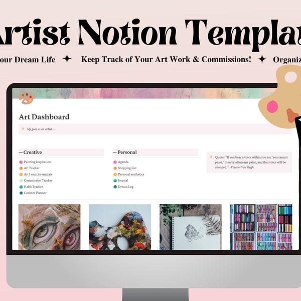 Artist Notion Template - Aesthetic Digital Life Planner - Art Commission, Goal Habit Tracker, Content Calendar, Dream Journal, Art Business