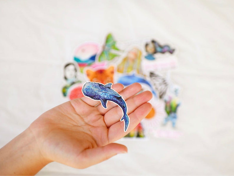 Op de afbeelding: Een blauwe walvis sticker met een sterrenpatroon. De sticker wordt in een hand gehouden.