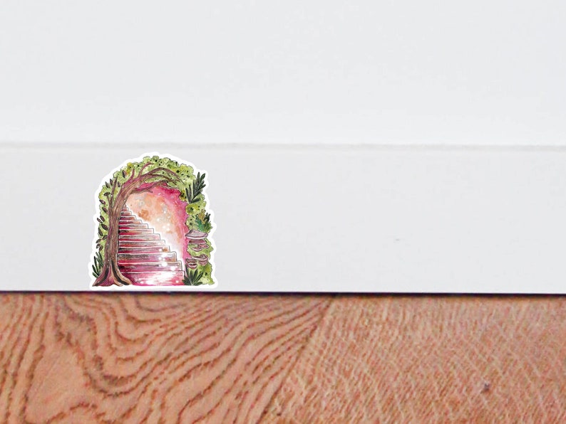 May include: Watercolor sticker of a whimsical arched doorway with stairs leading upwards. The doorway is framed by a tree and foliage, with a soft pink and yellow glow emanating from within. The stairs are a reddish-brown color.