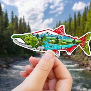 Alaska Salmon Vinyl Sticker, Fishermen Decal, Pacific Northwest Gift, Sockeye Fish, King Salmon, Washington, PNW Water Bottle Nature Sticker