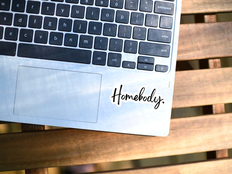 Pu&ograve; includere: Un computer portatile argentato con una tastiera nera e un trackpad. Il laptop ha un adesivo che dice "Homebody."
