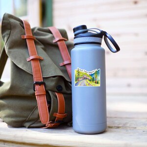 May include: A gray water bottle with a sticker of a road with trees and the text "Blue Ridge Parkway". The bottle is next to a green backpack with brown straps.