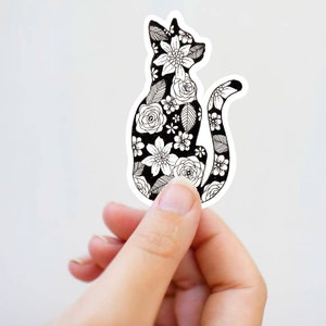 Schwarze Katze Silhouette Aufkleber, Blumen Katze, Wasserflasche Aufkleber, Katzenmutter, Planer Aufkleber, Kätzchen Aufkleber, Kindle Aufkleber, Strumpf Stuffer