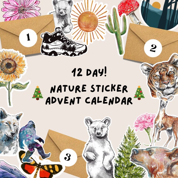 Nature Sticker Advent Calendar - Christmas Gift Sticker Bundle for Outdoor Lovers, Gifts under 30, Stocking Stuffer, Hiking Camping Gift