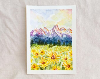 Grand Teton National Park Watercolor Painting: Wyoming Art (5x7)