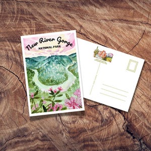 Cartão postal do Parque Nacional New River Gorge, presente do Parque Nacional, cartões postais antigos, Virgínia Ocidental, lembrança de viagem, arte em aquarela, Costa Leste