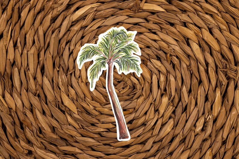 Puede incluir: Una ilustraci&oacute;n dibujada a mano de una palmera sobre un fondo tejido marr&oacute;n.
