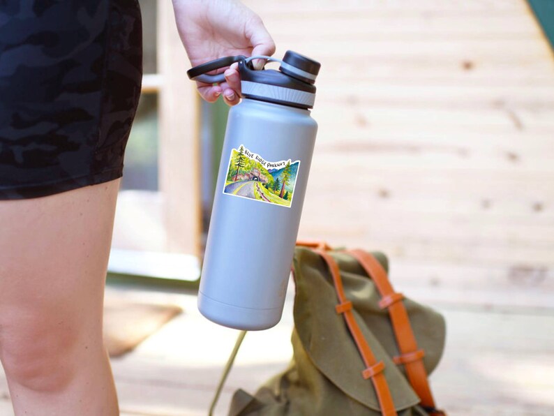 May include: A gray water bottle with a sticker on it. The sticker is a vintage postcard style image of a road with trees and the text "Nut Road Parkway".
