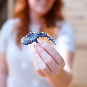 Op de afbeelding: Een blauwe en witte walvishaai-sticker met een gevlekt patroon. De sticker wordt in de hand van een persoon gehouden.