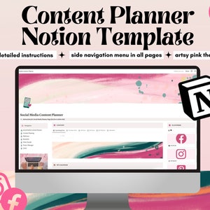 Notion Social Media Planner, Aesthetic Notion Template, Social Media Content Calendar, Planner for Youtube, Facebook, Pinterest, Instagram