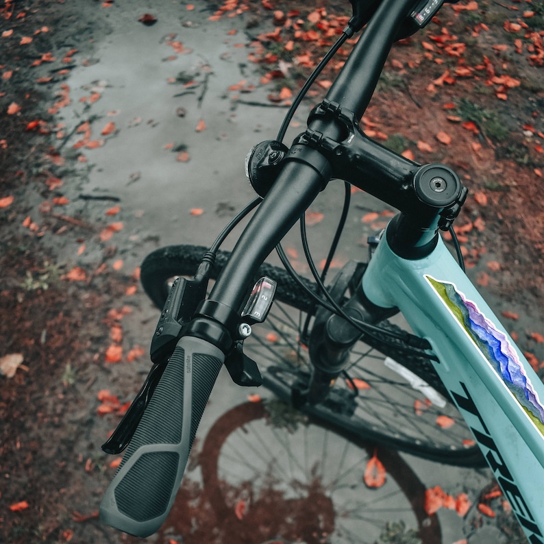 Pode incluir: Uma bicicleta azul e preta com um guiador preto e uma pega preta e branca. A bicicleta tem um autocolante no quadro com um design de cordilheira colorida. A bicicleta est&aacute; numa superf&iacute;cie pavimentada com folhas ca&iacute;das.