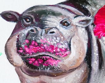 Posie Pygmy Hippo Kiss Oil Painting