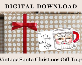 Printable DIY Santa Gift Tag Stickers - Digital Download PNG Santa Mug Retro Vintage Christmas Decor, DIY Gift Tags, Gift Wrap Supplies