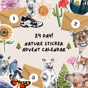 Calendario dell'avvento con adesivi della natura - Conto alla rovescia di 24 giorni per il regalo di Natale, Pacchetto adesivi, Amanti dell'aria aperta, Regalo di Natale, Escursionismo e campeggio