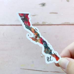 May include: A sticker of the outline of British Columbia, Canada, with a galaxy-themed design. The sticker is white with a red, orange, blue, and black galaxy design. The sticker has the text "B.C." in black text at the bottom.