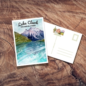 Carte postale du parc national du lac Clark, affiche de voyage vintage, PNW, nord-ouest du Pacifique, croisière en Alaska, cartes postales de l'Alaska, aquarelle