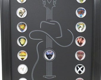 Country Music Guitar Pick Picture Display Wall Frame for 25 Picks with Capsules USA Made (Picks NOT Included)