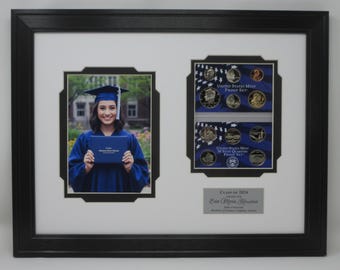 Graduation Gift Wall Display Picture Frame with Proof Set (NOT INCLUDED) Coin Holder, Photo, and Personalized Plate Made in USA