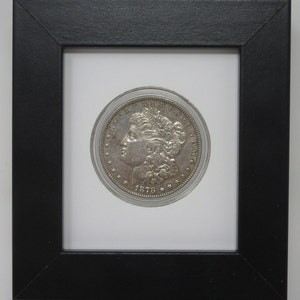 May include: A silver dollar coin in a black frame with a white mat. The coin features a profile of a woman with the inscription "LIBERTY" and the date "1878".