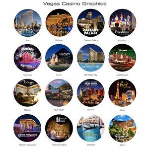 Pu&ograve; includere: Un'illustrazione grafica di 14 diversi casin&ograve; a Las Vegas, Nevada. Ogni casin&ograve; &egrave; rappresentato da un'immagine circolare con il nome e il logo del casin&ograve;. I casin&ograve; sono: Aria, Bellagio, Caesars Palace, Excalibur, Flamingo, Luxor, Mandalay Bay, MGM Grand, Mirage, Park MGM, NY NY, Paris, Planet Hollywood, Treasure Island, Venetian e Wynn.