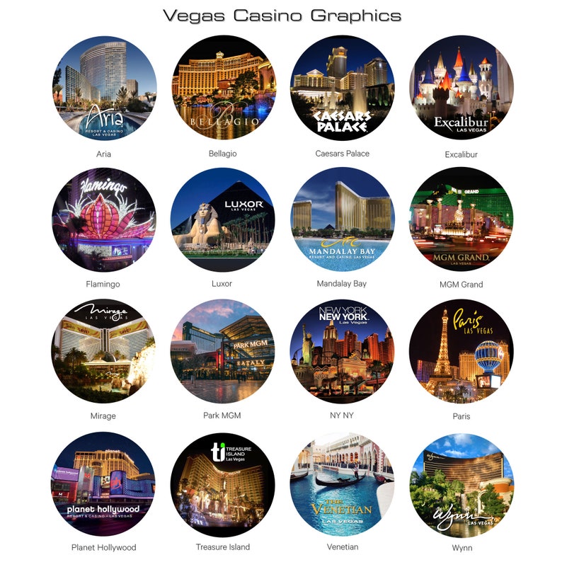 Pu&ograve; includere: Un'illustrazione grafica di 14 diversi casin&ograve; a Las Vegas, Nevada. Ogni casin&ograve; &egrave; rappresentato da un'immagine circolare con il nome e il logo del casin&ograve;. I casin&ograve; sono: Aria, Bellagio, Caesars Palace, Excalibur, Flamingo, Luxor, Mandalay Bay, MGM Grand, Mirage, Park MGM, NY NY, Paris, Planet Hollywood, Treasure Island, Venetian e Wynn.