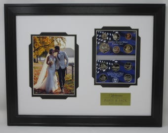 Wedding Gift Wall Display Picture Frame with Proof Set (NOT INCLUDED) Coin Holder, Photo, and Personalized Plate Made in USA