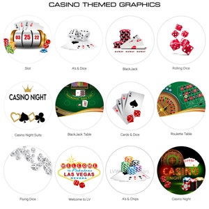 Pu&ograve; includere: Un set di 12 grafiche rotonde a tema casin&ograve;. Le grafiche presentano immagini di una slot machine, dadi, carte da gioco, un tavolo da roulette e un cartello di benvenuto a Las Vegas. Le grafiche sono perfette per una festa o un evento a tema casin&ograve;.
