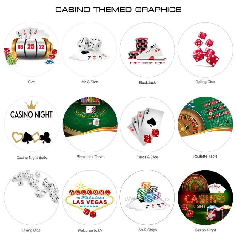 Pu&ograve; includere: Un set di 12 grafiche rotonde a tema casin&ograve;. Le grafiche presentano immagini di una slot machine, dadi, carte da gioco, un tavolo da roulette e un cartello di benvenuto a Las Vegas. Le grafiche sono perfette per una festa o un evento a tema casin&ograve;.