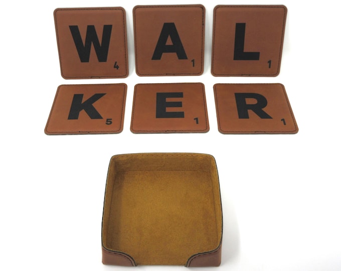 SCRABBLE TILES Leatherette Coasters 4" x 4" with Game Night Theme,  Set of 6