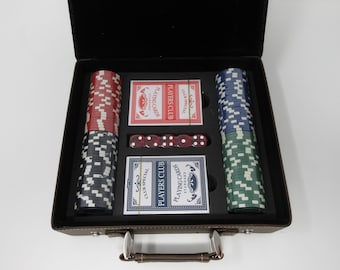 Poker Chip Set Leatherette Rustic Brown 2 Decks of Cards, 5 Dice, 100 Chips