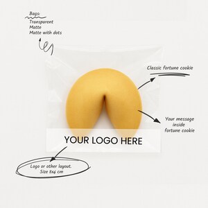 May include: A golden fortune cookie inside a transparent plastic bag. The bag has a white label with the text "YOUR LOGO HERE". The image also includes the text "Classic fortune cookie" and "Your message inside fortune cookie".