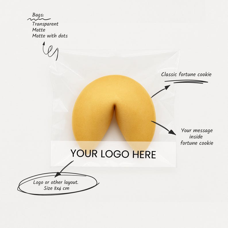 May include: A golden fortune cookie inside a transparent plastic bag. The bag has a white label with the text "YOUR LOGO HERE". The image also includes the text "Classic fortune cookie" and "Your message inside fortune cookie".