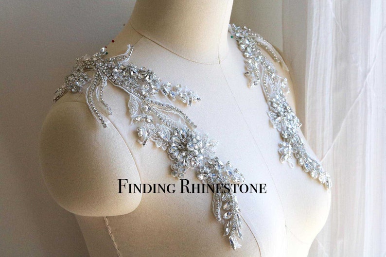 Lace Applique Mirrored Pair Rhinestone Applique RA012-a Bridal Shoulder Rhinestone Applique Sparkling Lace Applique Bridal Rhinestone