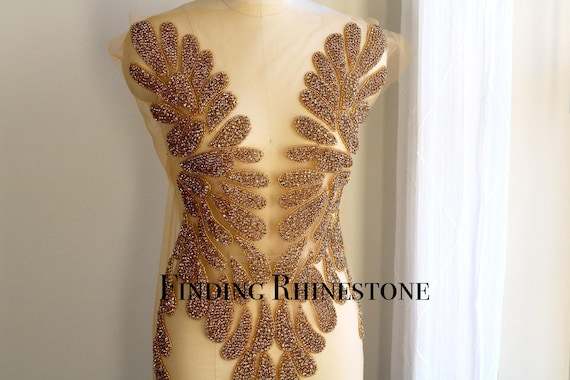 Gold Rhinestone Applique Heavy Bead Crafted Rhinestone 