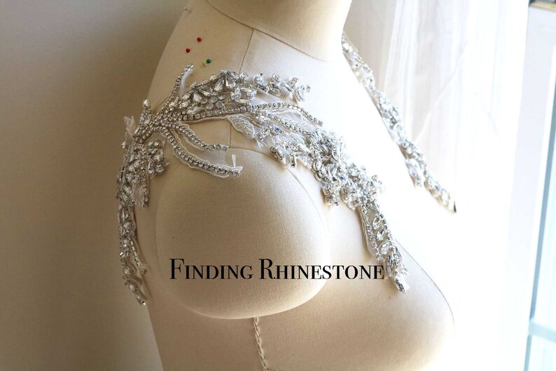 Lace Applique Mirrored Pair Rhinestone Applique RA012-a Bridal Shoulder Rhinestone Applique Sparkling Lace Applique Bridal Rhinestone