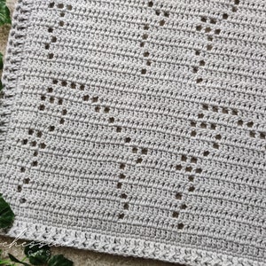 May include: A gray crocheted blanket with a diamond pattern. The blanket has a crocheted border.