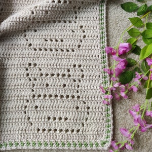 May include: A beige crochet blanket with a green border. The blanket has a diamond pattern and is made with a soft yarn.