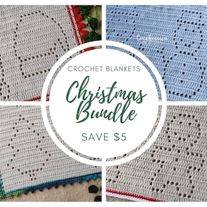 Könnte beinhalten: Eine Collage aus drei Häkeldecken in verschiedenen Farben, mit einem weißen Kreis in der Mitte, auf dem "CROCHET BLANKETS Christmas Bundle SAVE $5" steht.