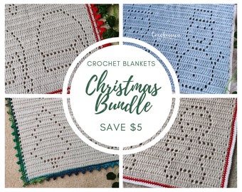 May include: A collage of three crochet blankets in different colors, with a white circle in the center that says "CROCHET BLANKETS Christmas Bundle SAVE $5".