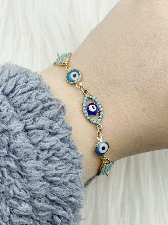 Evil Eye Bracelet, Colorful Evil Eye Beads, Gold Chain Bracelet