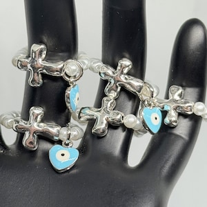 Perle Perlen Kreuz Ring: Evil Eye Charm Anhänger