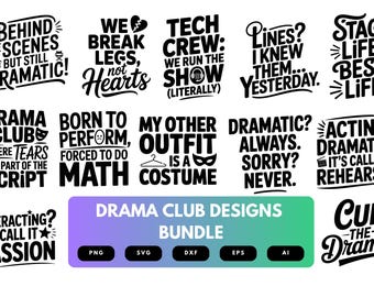 Paquete SVG de Club de Teatro / Clipart de Máscaras de Teatro, Archivos de Corte con Frases de Actuación para Cricut y Sublimación