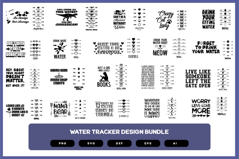 May include: A set of 20 black and white water tracker designs featuring various quotes and illustrations. The designs are perfect for creating custom water bottles, tumblers, or other drinkware. The designs include quotes such as "Drink More Water", "Live Like Someone Left The Gate Open", and "Just A Girl Who Loves Books".