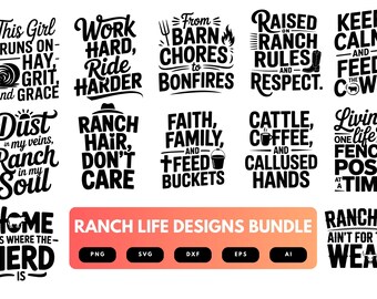Puede incluir: Una colección de diseños en blanco y negro con temática de rancho con frases como "Ranch Hair, Don't Care" y "Keep Calm and Feed the Cows". Incluye un gráfico "Ranch Life Designs Bundle" con iconos de tipo de archivo.