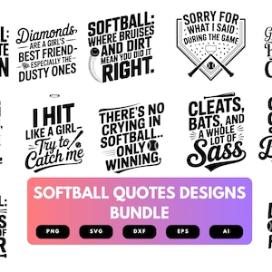 Pakiet Softball SVG | Motywujące zabawne cytaty z softballu Pliki do cięcia dla Cricut, sublimacji i majsterkowania