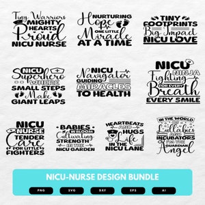 May include: A digital design bundle for NICU nurses featuring nine different designs with inspirational quotes and graphics. The designs include phrases like "Tiny Warriors Mighty Hearts Proud NICU Nurse", "Nurturing Hope One Little Miracle At A Time", "Tiny Footprints Big Impact NICU Love", "NICU Superhero Where Small Steps Make Giant Leaps", "NICU Navigator Guiding Miracles To Health", "NICU Ninja Fighting For Every Breath Every Smile", "NICU Nurse Tender Care For Little Fighters", "Babies In Bloom Cultivating Strength In The NICU Garden", "Heartbeats And Hugs Life In The NICU Lane", and "In The World Of Lullabies And Incubators I'm The Guardian Angel".
